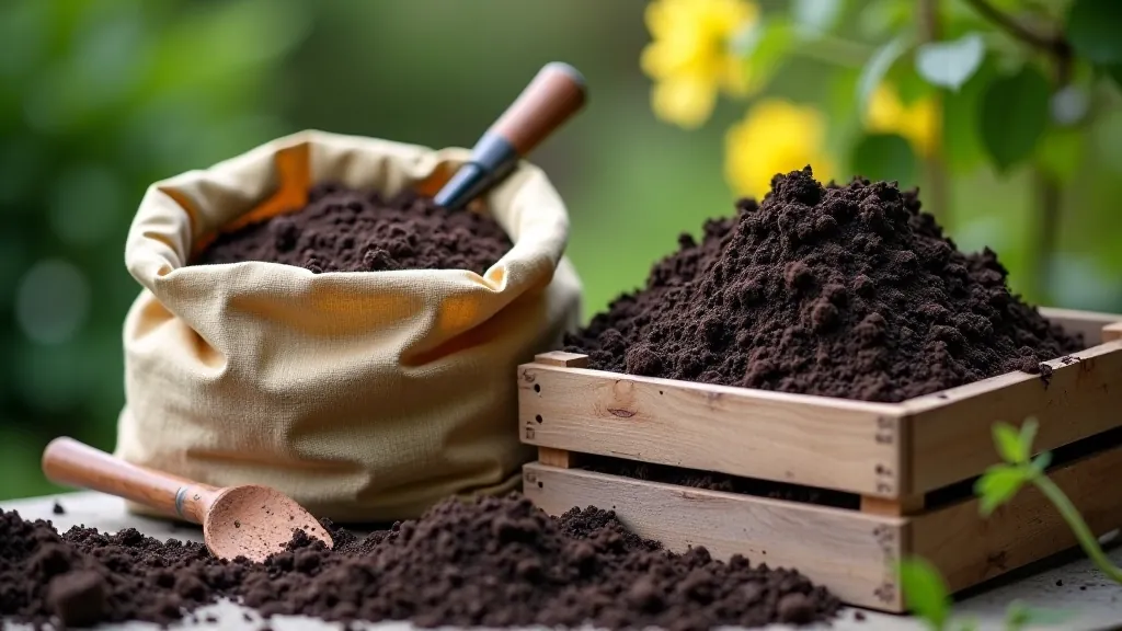 Rich dark potting soil in wooden crate with gardening tools, compost texture, organic growing medium for container plants