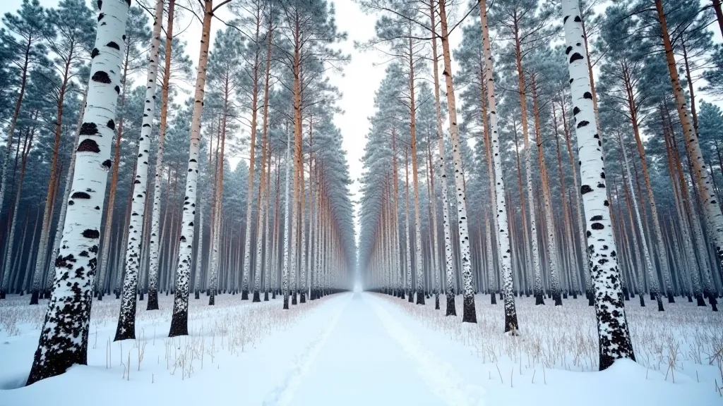 Mature birch and pine trees standing in a snowy forest landscape, demonstrating winter hardiness and natural Baltic forest composition