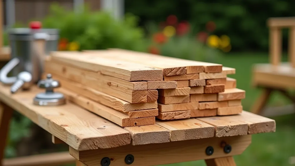 Pile of cedar wood boards and stainless steel hardware on wooden workbench, construction tools nearby, natural outdoor workshop lighting