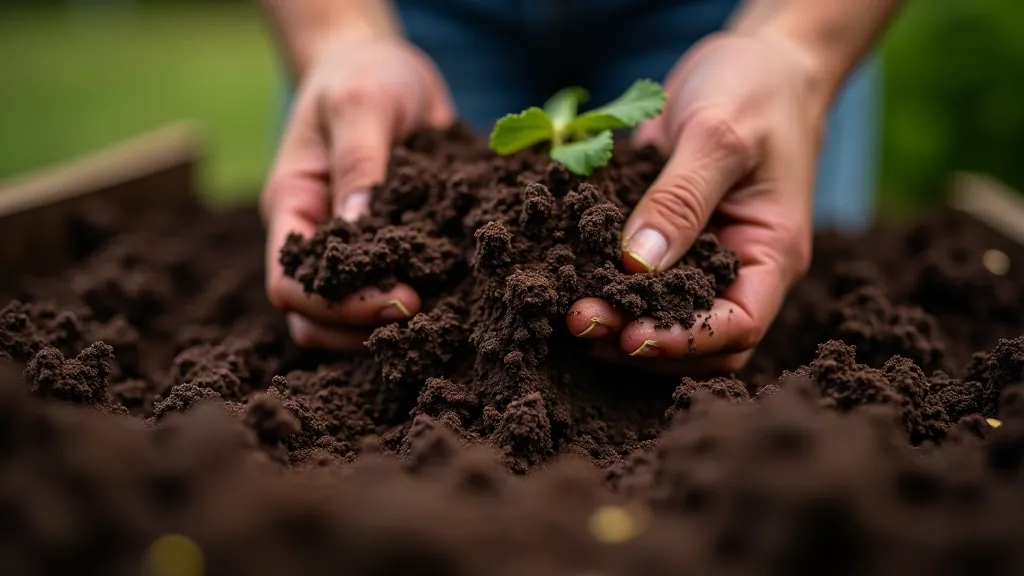 Close-up of rich dark compost and soil in cottage garden bed with visible organic matter