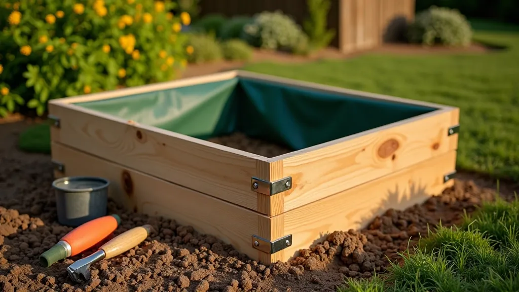 Completed wooden raised bed frame with corner brackets visible, empty with landscape fabric lining, garden setting with tools nearby, afternoon sunlight