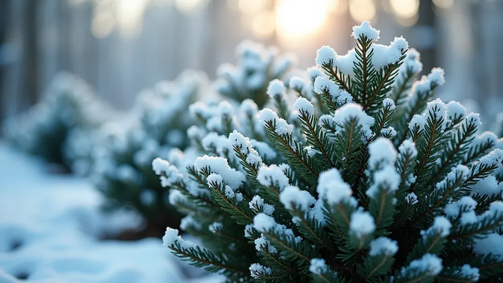 Dense evergreen shrubs covered with frost and snow, showing their winter hardiness and year-round green foliage in a Baltic garden