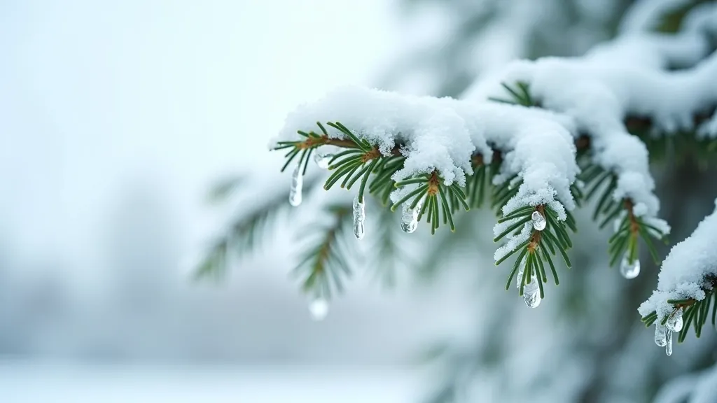 Coniferous tree branches laden with heavy snow and icicles, showing the weight of winter conditions and resilience of evergreens