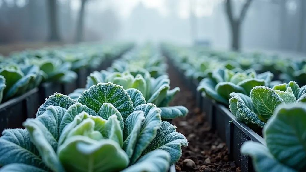 Various cold-hardy plants growing in a frost-covered garden, winter conditions, Baltic climate