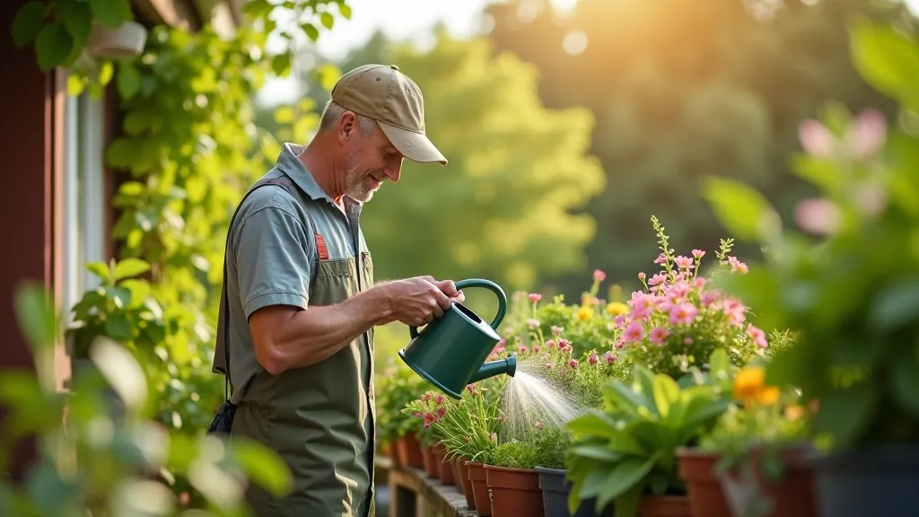 Hand watering potted plants on balcony with watering can, showing proper technique at base of plants, morning light
