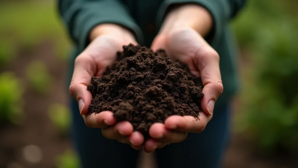 Hand holding rich dark garden soil with earthworms visible, wooden raised bed in background, spring garden morning light