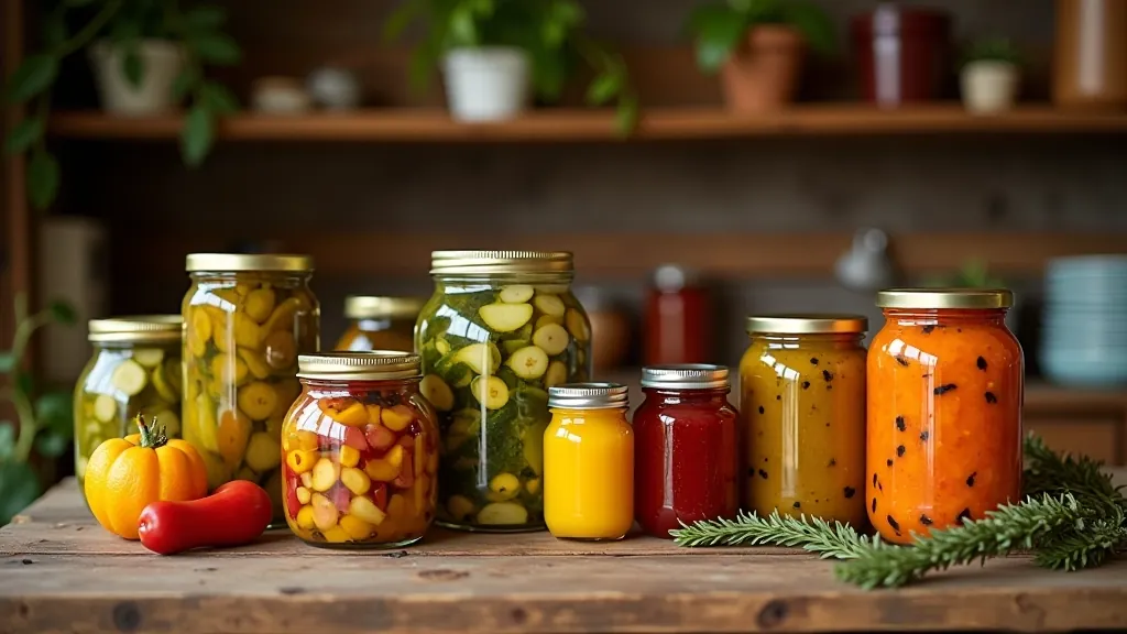 Jars of preserved vegetables and pickled goods on wooden shelves in cottage kitchen