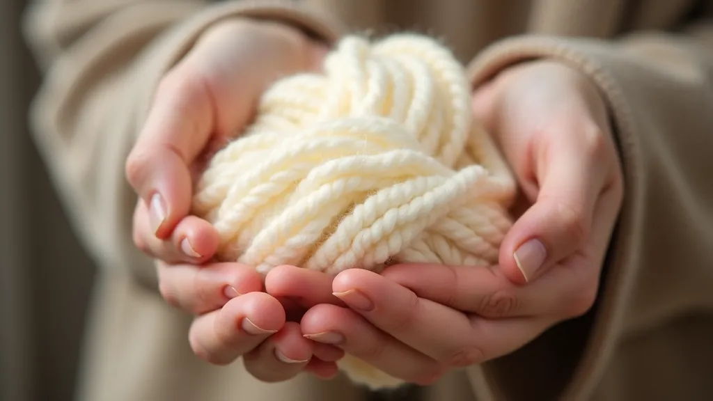 Hands holding skeins of natural wool yarn in various neutral tones