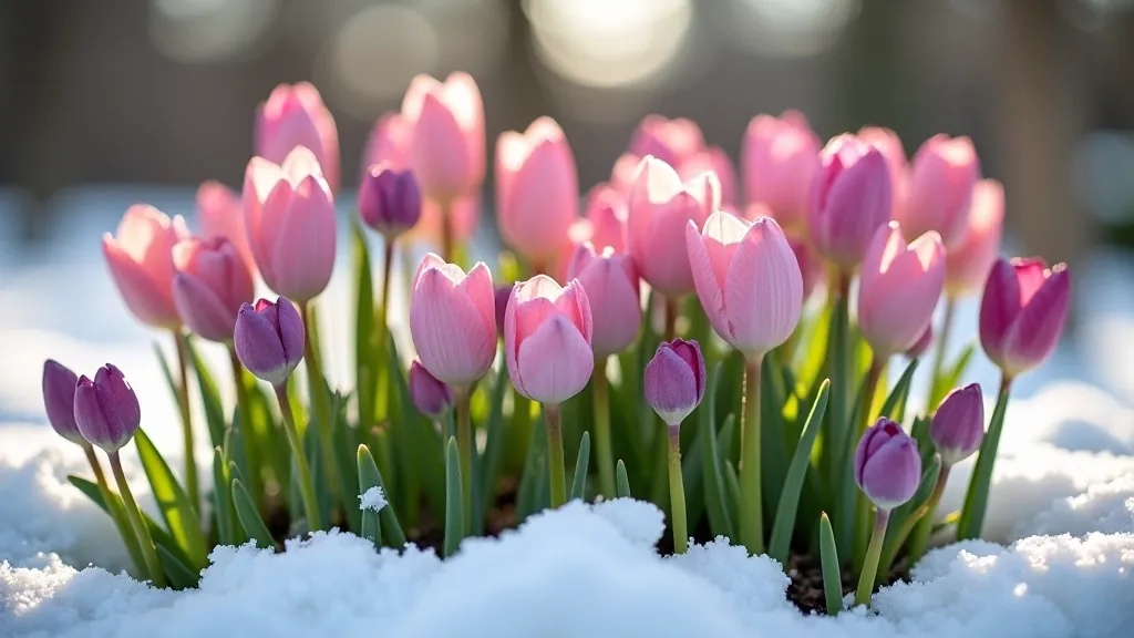 Flowering perennials blooming in early spring, showing purple and pink flowers with fresh green shoots emerging from the frozen ground
