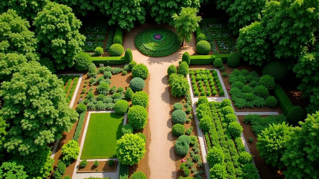 Overhead view of traditional cottage garden layout showing mixed plantings and pathways