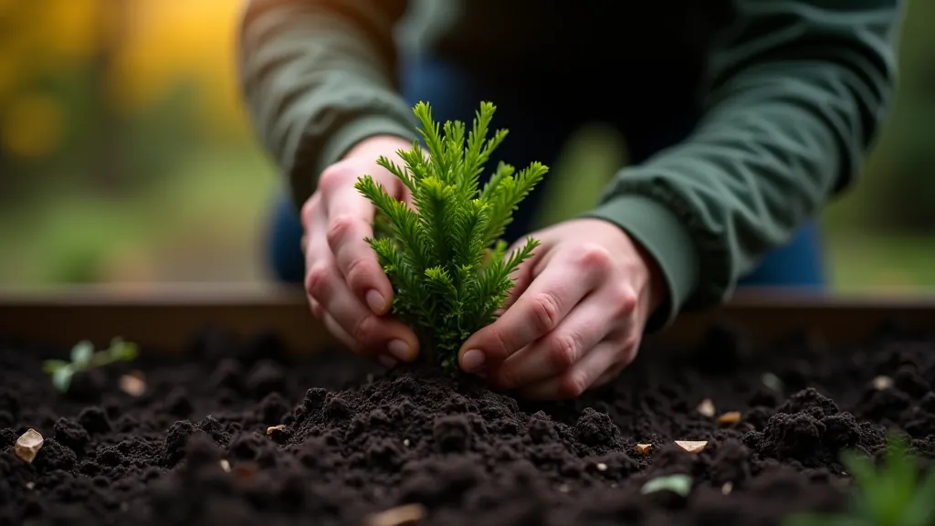 Hands planting a small shrub into dark soil with mulch applied around the base in autumn garden conditions