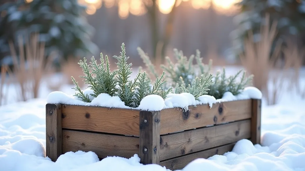 Raised garden bed covered with light snow in winter, wooden frame showing no visible damage, frost on soil, Baltic winter landscape