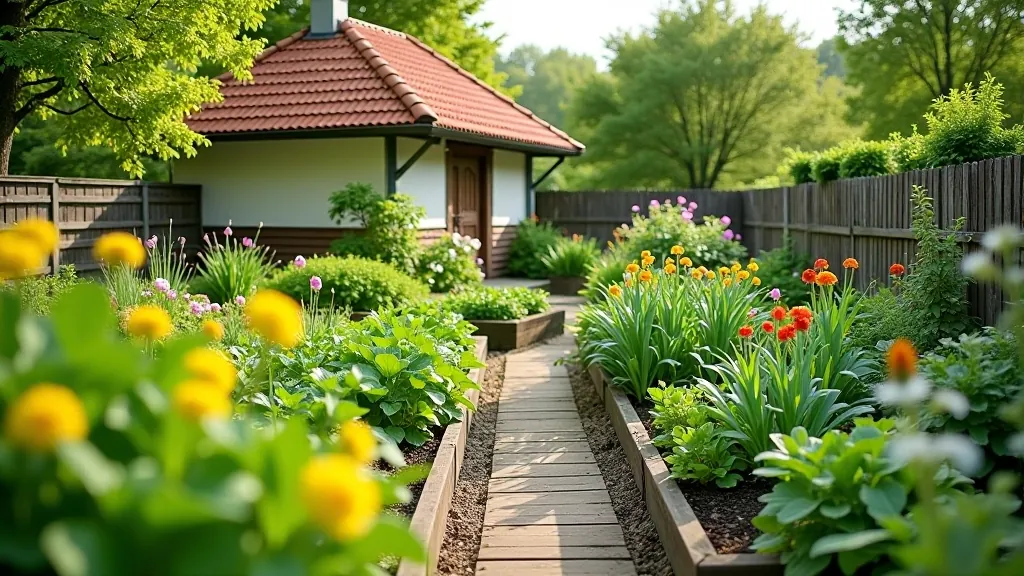 Traditional Latvian cottage garden with mix of vegetables and flowers, historic rural setting