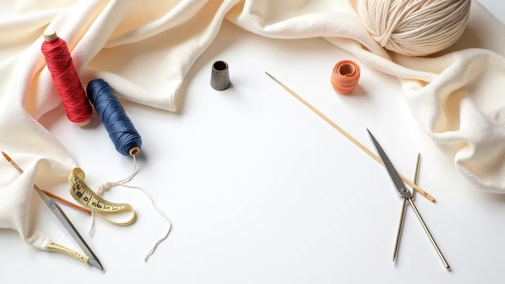 Sewing supplies laid out on white surface including needles, thread spools, scissors, and fabric swatches