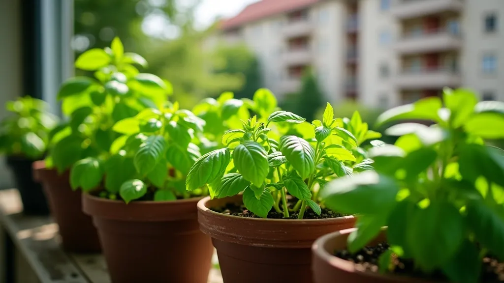 Lush container garden with mixed herbs and vegetables growing on apartment balcony, tomato plants with ripe fruit, basil and parsley, sunny day