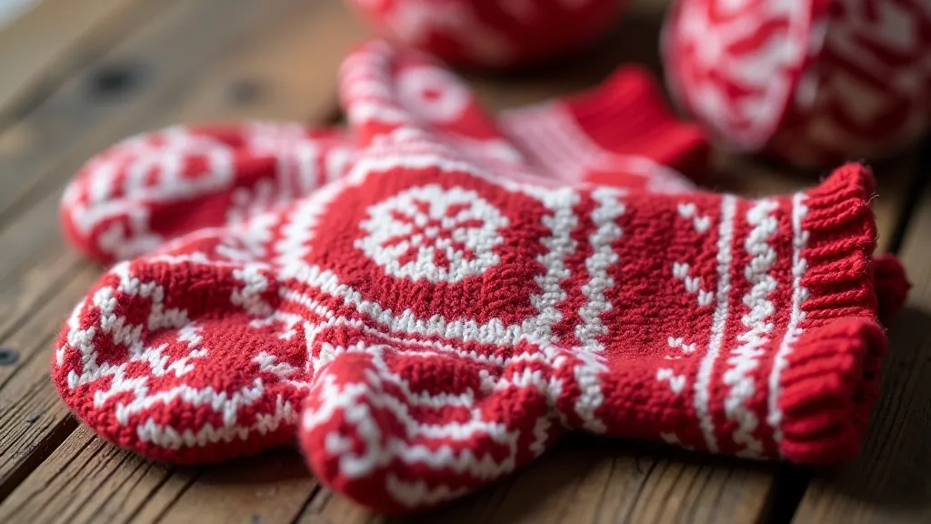 Traditional Latvian mittens with intricate geometric patterns in red and white
