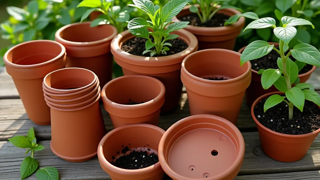 Various sized terracotta and plastic plant containers arranged on wooden table, showing drainage holes and different pot sizes for herbs and vegetables