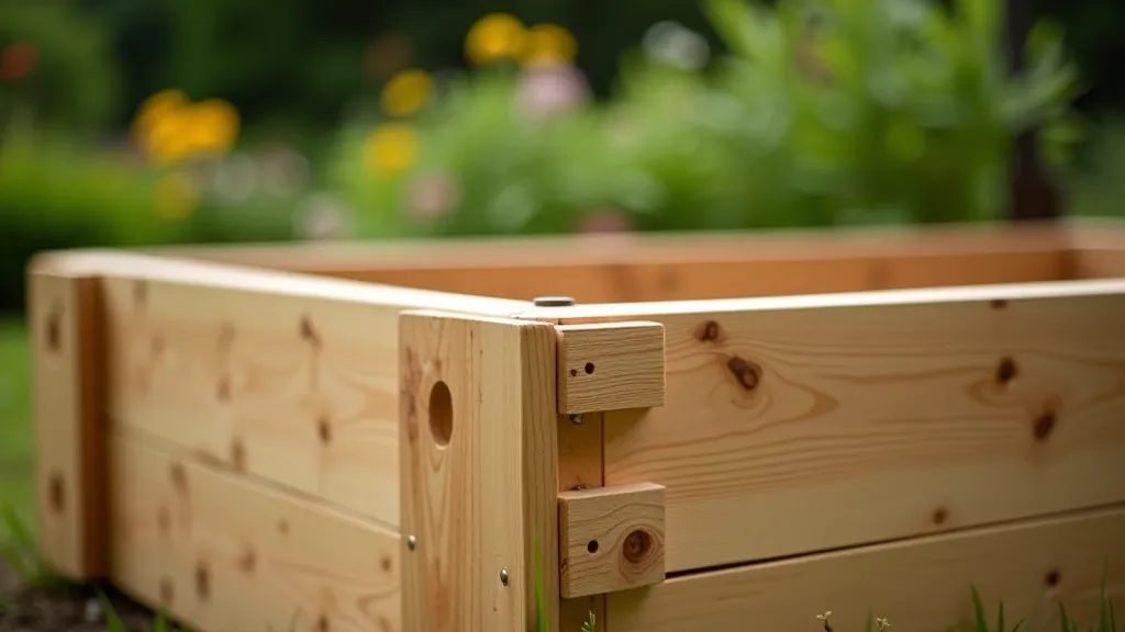 Close-up of wooden raised garden bed frame construction, showing mortise joints and cedar wood, natural outdoor lighting