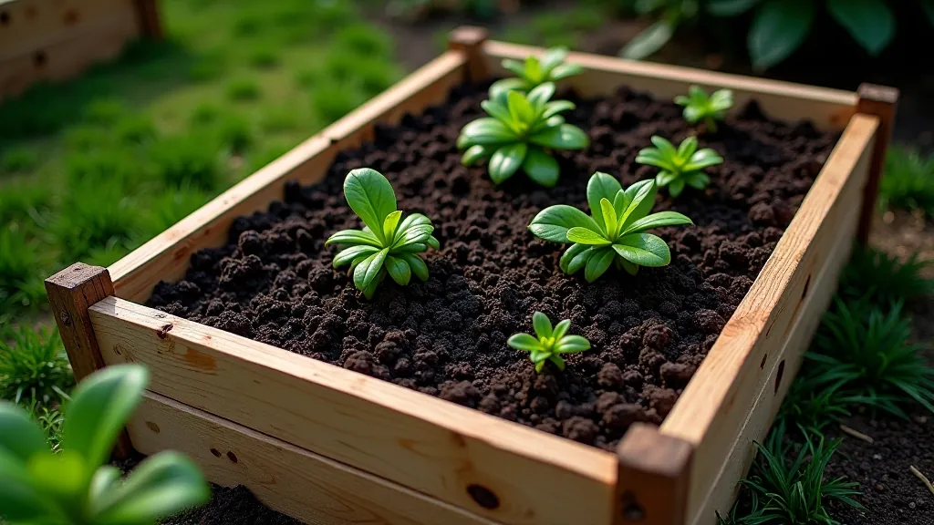 Wooden raised garden bed with fresh soil, plants growing in rows, spring garden, natural sunlight
